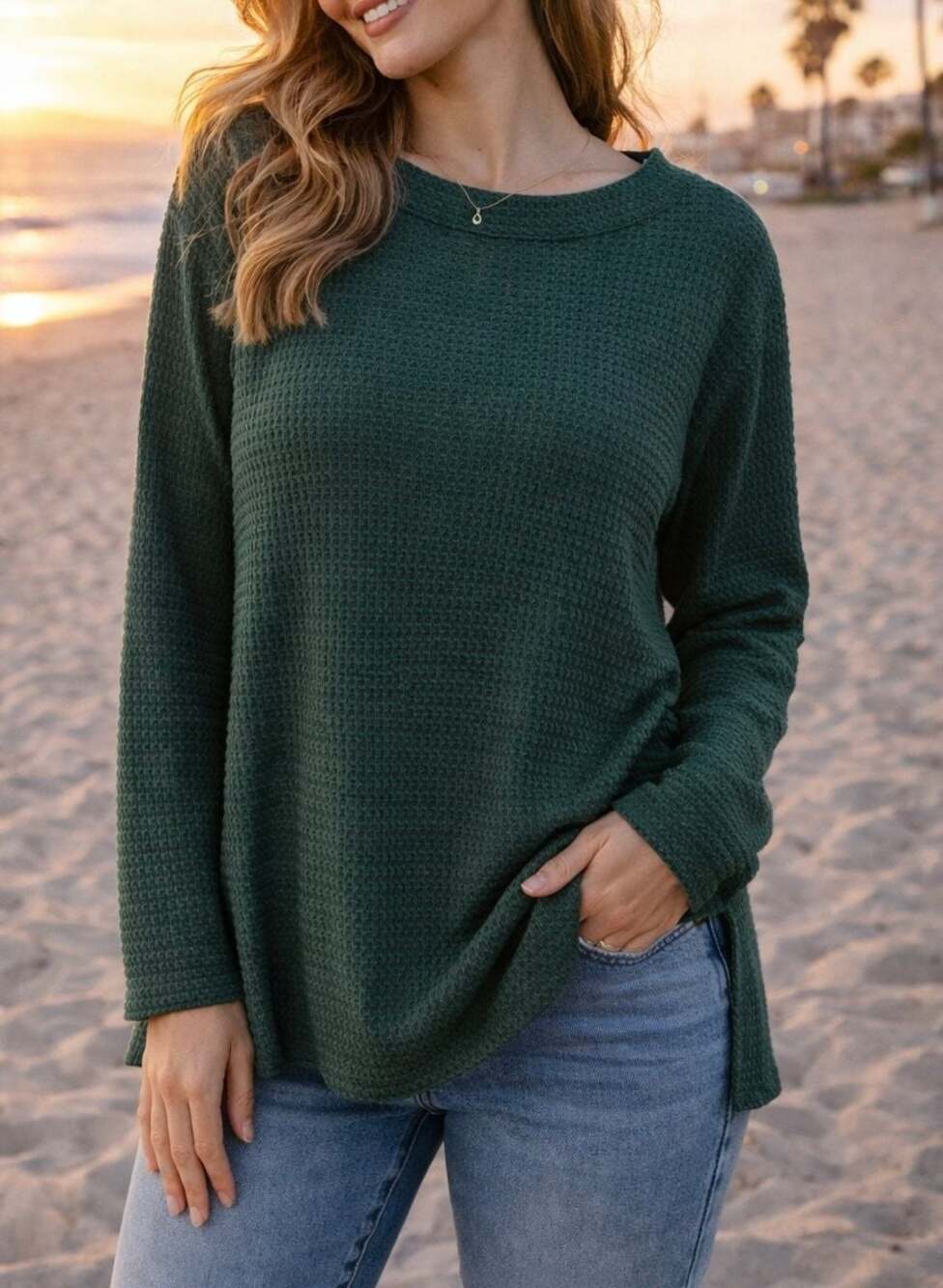 NWT Culture Code Forest Green Waffle Knit Cowl Neck Drop Shoulder Top Size L